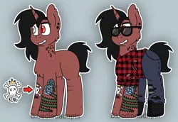 Size: 1564x1074 | Tagged: safe, artist:bluedinoadopts, derpibooru import, oc, oc:blockbuster (ice1517), unofficial characters only, pony, unicorn, vampire, blank flank, blue background, boots, chest fluff, clothes, ear fluff, ear piercing, earring, eyebrow piercing, fangs, flannel, heterochromia, jeans, jewelry, nonbinary, pants, piercing, scar, shoes, simple background, socks, solo, striped socks, sunglasses, tattoo, torn clothes