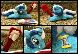 Size: 3264x2279 | Tagged: safe, derpibooru import, minuette, pony, unicorn, beanie (plushie), cute, female, irl, mare, minubetes, photo, plushie, smiling, solo, toothbrush, toothpaste