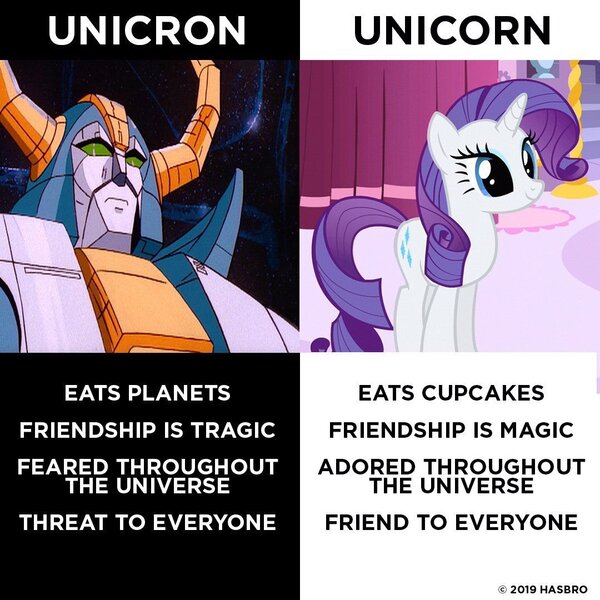 Size: 1080x1080 | Tagged: source needed, safe, derpibooru import, official, rarity, pony, unicorn, clash of hasbro's titans, comparison, know the difference, meme, name pun, title drop, transformers, unicorn-unicron confusion, unicron