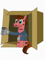 Size: 2448x3264 | Tagged: safe, artist:supahdonarudo, derpibooru import, oc, oc:crimsonwing, unofficial characters only, pegasus, pony, always wants free art, begging, box, bum, can you spare a dime?, cup, dirty, hobo, homeless, solo, spongebob squarepants, squidward tentacles