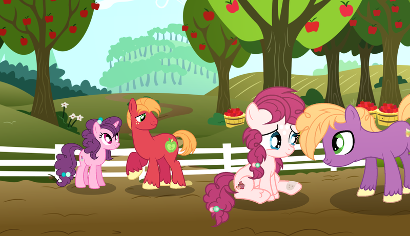 Size: 2256x1300 | Tagged: safe, artist:velveagicsentryyt, derpibooru import, big macintosh, little mac, sugar belle, oc, oc:applie, earth pony, pony, apple, apple tree, colt, female, fence, filly, male, offspring, older, parent:big macintosh, parent:sugar belle, parents:sugarmac, shipping, straight, sugarmac, tree