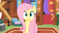 Size: 1363x769 | Tagged: safe, derpibooru import, screencap, fluttershy, pegasus, pony, stare master, female, fluttershy's cottage, i've seen some shit, looking at you, oh shi-!, solo, stare