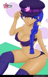 Size: 783x1244 | Tagged: suggestive, alternate version, artist:clouddg, derpibooru import, space camp (character), human, equestria girls, equestria girls series, spoiler:eqg series (season 2), big breasts, bra, breasts, busty frankle, busty space camp, cap, cleavage, clothes, erect nipples, female, hat, human coloration, looking at you, nipple outline, panties, purple underwear, sexy, signature, socks, solo, solo female, stupid sexy space camp, thigh highs, thighs, underwear, wide hips