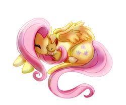 Size: 1000x833 | Tagged: :3, artist:leokatana, crossover, cute, derpibooru import, eevee, eyes closed, fluttershy, hug, nuzzling, pokémon, prone, safe, simple background, smiling, transparent background, vector