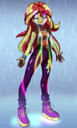 Size: 1200x2000 | Tagged: safe, artist:rockset, derpibooru import, sunset shimmer, equestria girls, equestria girls series, let it rain, spoiler:eqg series (season 2), clothes, cute, cutie mark, cutie mark on clothes, eyes closed, female, geode of empathy, magical geodes, music video, pants, rain, scene interpretation, shimmerbetes, smiling, solo