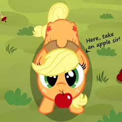 Size: 2244x2244 | Tagged: safe, artist:stellardust, derpibooru import, applejack, earth pony, pony, apple, applejack's hat, both cutie marks, cowboy hat, cute, dialogue, female, food, grass, hat, high res, jackabetes, looking at you, looking up, mare, mouth hold, solo, vector