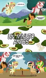 Size: 568x960 | Tagged: safe, artist:archooves, derpibooru import, oc, oc:chilenia, oc:kantuta (miski' hooves), oc:princess peruvia, oc:syriana, oc:tailcoatl, ponified, unofficial characters only, pony, angry, avocado, bolivia, chase, chile, comic, dialogue, female, food, hat, laughing, mare, mexico, nation ponies, open mouth, peru, pointy ponies, sitting, smiling, spanish, speech bubble, syria, table, watermark