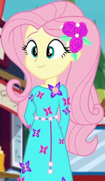 Size: 520x895 | Tagged: safe, derpibooru import, screencap, fluttershy, equestria girls, equestria girls series, lost and pound, spoiler:eqg series (season 2), cropped, female, flower, flower in hair, food, food truck, geode of fauna, lost and pound: fluttershy, magical geodes, smiling, solo, standing