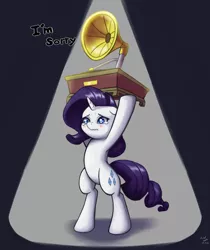 Size: 1258x1500 | Tagged: safe, artist:the-park, derpibooru import, rarity, pony, unicorn, dragon dropped, bipedal, female, gramophone, i'm sorry, mare, marshmelodrama, rarity being rarity, say anything, simple background, solo, teary eyes