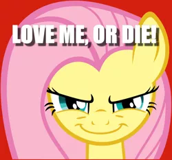 Size: 900x838 | Tagged: anti-bronybait, bronybait, caption, death threat, derpibooru import, evil grin, fluttershy, grin, image macro, safe, smiling, text, threat, yandereshy, you're going to love me