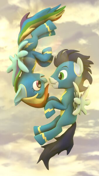 Size: 2160x3840 | Tagged: safe, artist:atlasandphantom, artist:ludwigspectre, derpibooru import, rainbow dash, soarin', pony, 3d, clothes, female, flying, male, mare, scenebuild, shipping, sky, soarindash, source filmmaker, stallion, straight, tumblr, uniform, wonderbolts uniform