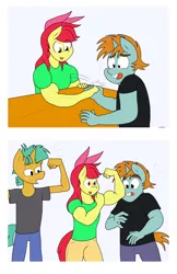Size: 1280x1976 | Tagged: safe, artist:matchstickman, derpibooru import, apple bloom, snails, snips, anthro, earth pony, unicorn, tumblr:where the apple blossoms, apple bloom's bow, apple brawn, arm wrestling, biceps, bow, clothes, deltoids, female, flexing, hair bow, jeans, male, matchstickman's apple brawn series, muscles, pants, photos, shirt, simple background, table, tumblr comic, younger