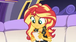 Size: 1920x1080 | Tagged: safe, derpibooru import, screencap, sunset shimmer, driving miss shimmer, equestria girls, equestria girls series, choose your own ending (season 1), clothes, cute, driving miss shimmer: rarity, female, geode of empathy, leather vest, limousine, magical geodes, notepad, pencil, shimmerbetes, smiling, vest