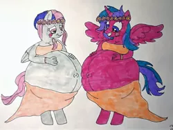 Size: 1118x847 | Tagged: alicorn, alicorn oc, anthro, artist:mj455, awkward, awkward smile, belly, belly button, big belly, blushing, blush sticker, derpibooru import, female, horn, huge belly, hybrid, hyper, hyper belly, hyper pregnancy, impossibly large belly, interspecies offspring, lesbian, linea nigra, oc, oc:beryl (discoshy), oc:melody aurora, offspring, offspring shipping, parent:discord, parent:flash sentry, parent:fluttershy, parents:discoshy, parents:flashlight, parent:twilight sparkle, pregnant, suggestive, traditional art, wings, wreath