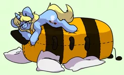 Size: 3539x2136 | Tagged: safe, artist:spoopygander, derpibooru import, oc, oc:art's desire, bee, insect, pony, unicorn, blushing, cute, cutie mark, female, giant plushie, horn, mare, pillow, plushie, sleeping, smiling, solo
