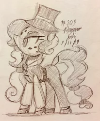 Size: 1967x2386 | Tagged: safe, artist:floofyfoxcomics, derpibooru import, oc, oc:peppermint mocha (pegasusjedi), pony, clothes, female, hat, high heels, mare, monochrome, pants, shoes, solo, traditional art, wingless