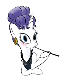 Size: 926x1156 | Tagged: alternate hairstyle, artist:rubrony, audrey hepburn, blushing, breakfast at tiffany's, cigarette, cigarette holder, clothes, derpibooru import, dress, hilarious in hindsight, holly golightly, parody, rarity, safe, solo