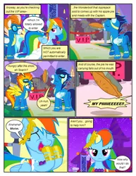 Size: 612x792 | Tagged: safe, artist:newbiespud, derpibooru import, edit, edited screencap, screencap, blue moon (g4), cloud kicker, derpy hooves, fire streak, lemon hearts, lightning bolt, misty fly, rainbow dash, soarin', spitfire, white lightning, pegasus, pony, unicorn, comic:friendship is dragons, background pony, clothes, comic, dialogue, dress, eyes closed, female, food, gala dress, goggles, laughing, laurel wreath, male, mare, night, pie, screencap comic, stallion, stars, uniform, wonderbolts, wonderbolts uniform