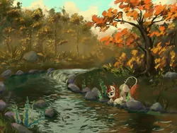 Size: 2048x1536 | Tagged: artist:tinybenz, autumn, autumn blaze, cloven hooves, colored hooves, crouching, derpibooru import, female, flower, foal's breath, forest, kirin, quadrupedal, river, safe, scenery, scenery porn, solo, stream, tree, water
