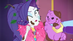 Size: 1366x768 | Tagged: safe, derpibooru import, screencap, princess thunder guts, rarity, supernova zap, dog, equestria girls, equestria girls series, lost and pound, spoiler:eqg series (season 2), cute, drool, feather boa, female, licking, lost and pound: rarity, mud, offscreen character, su-z, tongue out