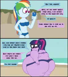 Size: 875x990 | Tagged: suggestive, artist:jamesawilliams1996, derpibooru import, rainbow dash, sci-twi, twilight sparkle, series:twilight and pinkie's weight problems, equestria girls, ass, bbw, beach, belly, big belly, big breasts, bikini, breasts, butt, clothes, fat, fat shaming, frown, glasses, huge belly, huge butt, implied sunset shimmer, large butt, message, morbidly obese, obese, ocean, phone, rear view, sand, sci-twilard, ssbbw, swimsuit, text, text message, twibutt, twilard sparkle, twilight has a big ass