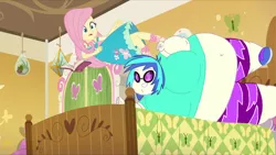 Size: 1024x576 | Tagged: suggestive, artist:jamesawilliams1996, derpibooru import, edit, edited screencap, screencap, fluttershy, vinyl scratch, human, do it for the ponygram!, equestria girls, equestria girls series, spoiler:eqg series (season 2), bbw, bed, bedroom, belly, belly button, big belly, big breasts, breasts, fat, fat edit, huge belly, huge breasts, image, jpeg, obese, ssbbw, story included, surprised, vinyl fat, weight gain