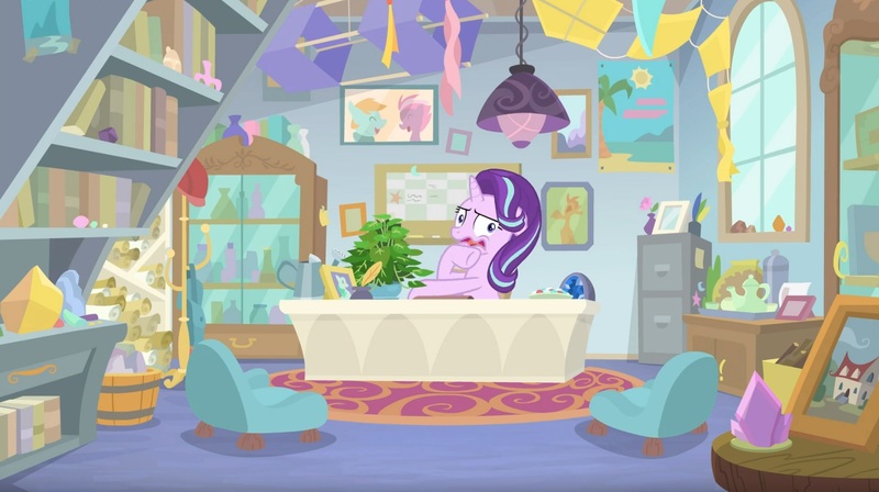 Size: 1678x940 | Tagged: safe, derpibooru import, screencap, phyllis, starlight glimmer, pony, a horse shoe-in, chair, kite, scroll, starlight's office, wavy mouth