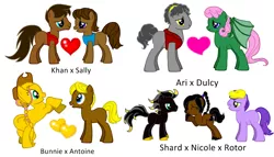 Size: 1050x600 | Tagged: safe, artist:donamorteboo, derpibooru import, ponified, bat pony, earth pony, pony, pony creator, antoine d'coolette, ari, bat ponified, bunnie rabbot, dulcy, female, heart, image, love triangle, male, monkey khan, nicole the holo-lynx, png, polyamory, race swap, rotor walrus, sally acorn, shard the metal sonic, shipping, simple background, sonic the hedgehog, sonic the hedgehog (series), straight, white background