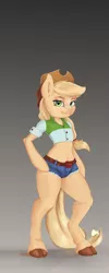 Size: 1200x3000 | Tagged: safe, artist:holymeh, derpibooru import, edit, applejack, earth pony, semi-anthro, applejack's hat, arm hooves, belly button, clothes, cloven hooves, cowboy hat, cropped, daisy dukes, equestria girls outfit, female, gradient background, hat, looking at you, mare, midriff, shirt, shorts, short shirt, smiling, solo