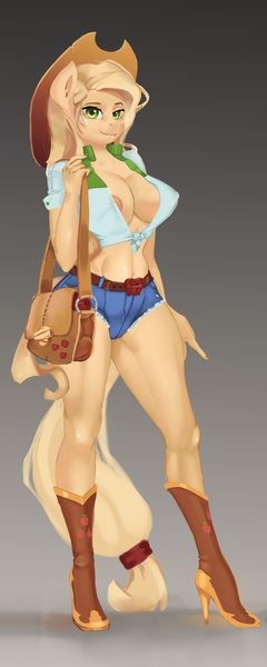 Size: 1200x3000 | Tagged: questionable, artist:holymeh, derpibooru import, edit, applejack, anthro, earth pony, plantigrade anthro, absolute cleavage, apple, applebucking thighs, applejack's hat, areola, areola slip, belly button, big breasts, boots, breasts, busty applejack, cleavage, clothes, cowboy hat, cropped, daisy dukes, equestria girls outfit, female, food, front knot midriff, gradient background, hat, high heel boots, looking at you, midriff, nipples, nudity, purse, shoes, shorts, smiling, solo, solo female