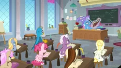 Size: 1920x1080 | Tagged: safe, derpibooru import, screencap, bifröst, dawnlighter, gallus, goldy wings, loganberry, strawberry scoop, summer breeze, trixie, gryphon, pony, a horse shoe-in, apple, book, bored, chalkboard, classroom, clothes, desk, discovery family logo, easel, female, food, friendship student, glowing horn, hat, hoof on cheek, horn, inkwell, levitation, magic, magic aura, male, mare, paper, quill, quill pen, reading, school of friendship, scroll, sitting, teenager, telekinesis, trash can, trixie's hat, vase, window