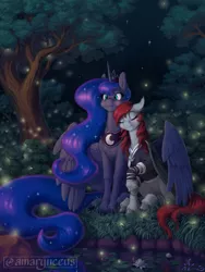 Size: 1800x2400 | Tagged: safe, artist:amarynceus, deleted from derpibooru, derpibooru import, princess luna, oc, oc:fickle dissonance, alicorn, bat pony, firefly (insect), insect, pony, bat pony oc, bat wings, blushing, canon x oc, commission, crown, cuddling, cute, duo, ethereal mane, ethereal tail, eyes closed, fangs, female, freckles, hug, jewelry, mare, nature, necklace, nuzzling, outdoors, peytral, regalia, scenery, smiling, tree, unshorn fetlocks, water, winghug, wings, ych result