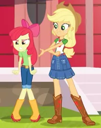 Size: 1161x1466 | Tagged: safe, derpibooru import, screencap, apple bloom, applejack, equestria girls, equestria girls series, holidays unwrapped, spoiler:eqg series (season 2), angry, apple bloom's bow, applejack's hat, belt, boots, bow, clothes, cowboy boots, cowboy hat, cropped, denim skirt, duo, female, freckles, frustrated, hair bow, hat, jeans, pants, shoes, skirt, stetson