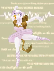 Size: 984x1280 | Tagged: suggestive, artist:sixes&sevens, derpibooru import, gilda, anthro, gryphon, ballerina, ballet, ballet slippers, big breasts, breasts, busty gilda, cameltoe, clothes, earbuds, electrocardiogram, en pointe, evening gloves, female, gildarina, gloves, image, leotard, long gloves, lyrics, magic, mind control, music, on one leg, one arm out, one arm up, pantyhose, png, solo, solo female, swirly eyes, text, tights, tomboy taming, tutu