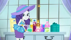 Size: 1920x1080 | Tagged: safe, derpibooru import, screencap, rarity, camping must-haves, equestria girls, equestria girls series, spoiler:eqg series (season 2), beautiful, bracelet, cosmetics, cute, dresser, female, geode of shielding, hat, jewelry, looking at you, lotion, magical geodes, pencil skirt, perfume, raribetes, rarity's bedroom, smiling, window