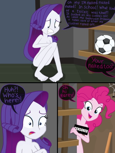 Size: 2048x2732 | Tagged: questionable, artist:justsomepainter11, derpibooru import, pinkie pie, rarity, comic:rarity's rest problem, equestria girls, barefoot, breasts, censor bar, censored, comic, covering, dialogue, embarrassed, embarrassed nude exposure, exhibitionism, feet, female, females only, football, image, jpeg, nudity, public nudity, sports