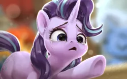 Size: 1080x675 | Tagged: safe, artist:assasinmonkey, derpibooru import, starlight glimmer, sunburst, trixie, pony, unicorn, a horse shoe-in, :<, blurred background, crying, cute, digital art, female, frown, glimmerbetes, mare, open mouth, phyllis no!, raised hoof, reaching, reaching out, sad, sadorable, scene interpretation, solo, that was fast, underhoof