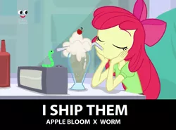 Size: 1280x946 | Tagged: safe, derpibooru import, edit, edited screencap, screencap, apple bloom, colonel wigglesworth, worm, equestria girls, equestria girls series, holidays unwrapped, spoiler:eqg series (season 2), cute, milkshake, pet, plusplus, shipping