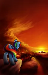 Size: 1164x1806 | Tagged: artist:conicer, burning, derpibooru import, eyes closed, fanfic, fanfic:abandonment issues/one mare's worth, fanfic art, fire, g4, ponyville, rainbow dash, safe, solo, sunset