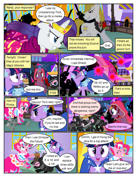 Size: 612x792 | Tagged: safe, artist:christhes, derpibooru import, pinkie pie, prince blueblood, twilight sparkle, ponified, bird, earth pony, pony, unicorn, comic:friendship is dragons, angry, baldur's gate, blast, cloak, clothes, collaboration, comic, dialogue, dress, evil grin, eyes closed, female, fight, flower, flower pot, frown, gala dress, glowing horn, grin, hat, horn, imoen, jewelry, looking back, magic, magic blast, male, mare, ninja, rose, show accurate, smiling, stallion, tiara, unicorn twilight