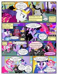 Size: 612x792 | Tagged: safe, artist:christhes, derpibooru import, pinkie pie, prince blueblood, twilight sparkle, ponified, bird, earth pony, pony, unicorn, comic:friendship is dragons, angry, baldur's gate, blast, cloak, clothes, collaboration, comic, dialogue, dress, evil grin, eyes closed, female, fight, flower, flower pot, frown, gala dress, glowing horn, grin, hat, horn, imoen, jewelry, looking back, magic, magic blast, male, mare, ninja, rose, show accurate, smiling, stallion, tiara, unicorn twilight