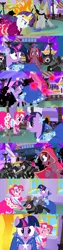 Size: 1234x4859 | Tagged: safe, alternate version, artist:christhes, derpibooru import, pinkie pie, prince blueblood, twilight sparkle, ponified, bird, earth pony, pony, unicorn, comic:friendship is dragons, angry, baldur's gate, blast, cloak, clothes, collaboration, comic, dress, evil grin, eyes closed, female, fight, flower, flower pot, frown, gala dress, glowing horn, grin, hat, horn, imoen, jewelry, looking back, magic, magic blast, male, mare, ninja, rose, show accurate, smiling, stallion, tiara, unicorn twilight