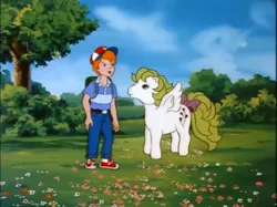 Size: 771x577 | Tagged: adoraprise, backpack, baseball cap, bow, cap, cute, dannybetes, danny williams, derpibooru import, g1, hat, my little pony 'n friends, safe, screencap, surprise, tail bow, the great rainbow caper, tree