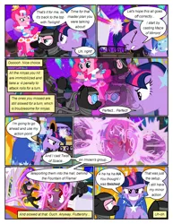 Size: 612x792 | Tagged: safe, artist:christhes, derpibooru import, pinkie pie, twilight sparkle, earth pony, pony, unicorn, comic:friendship is dragons, angry, baldur's gate, blast, cloak, clothes, collaboration, comic, dialogue, dizzy, dress, eyes closed, female, fight, gala dress, glowing horn, gritted teeth, hat, horn, horn ring, imoen, magic, magic beam, magic blast, mare, raised hoof, ring, scared, show accurate, swirly eyes, telekinesis, unicorn twilight, worried
