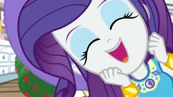 Size: 1920x1080 | Tagged: safe, derpibooru import, screencap, rarity, camping must-haves, equestria girls, equestria girls series, spoiler:eqg series (season 2), bracelet, close-up, cute, extreme close up, eyes closed, female, geode of shielding, happy, jewelry, magical geodes, open mouth, photobomb, rarara, raribetes, rarity's bedroom, sleeping bag, smiling