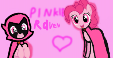 Size: 398x205 | Tagged: safe, derpibooru import, pinkie pie, earth pony, pony, cloak, clothes, cute, diapinkes, flower, happy, heart, pink background, pink eyes, pinkie raven, raven (teen titans), simple background, smiling, sparkling eyes, teen titans go
