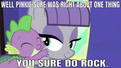 Size: 624x351 | Tagged: safe, derpibooru import, edit, edited screencap, editor:undeadponysoldier, screencap, maud pie, spike, dragon, earth pony, pony, maud pie (episode), caption, cute, female, hug, image macro, implied pinkie pie, irrational exuberance, male, mare, maudspike, meme, pun, shipping, smiling, spikelove, straight, text, when she smiles
