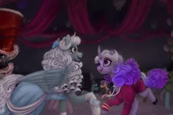 Size: 5400x3600 | Tagged: safe, artist:violettacamak, derpibooru import, oc, oc:midnight note, oc:stardust (midnight note), pegasus, pony, unicorn, 80's fashion, clothes, commission, couple, dancing, dress, painting, photo, prom