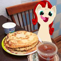 Size: 800x800 | Tagged: safe, artist:anonymous, derpibooru import, edit, oc, oc:ruby (8chan), /pone/, 8chan, blini, catjazz, cream, cyrillic, food, jam, kot blini, licking, licking lips, meme, pancakes, ponified animal photo, russian, tongue out