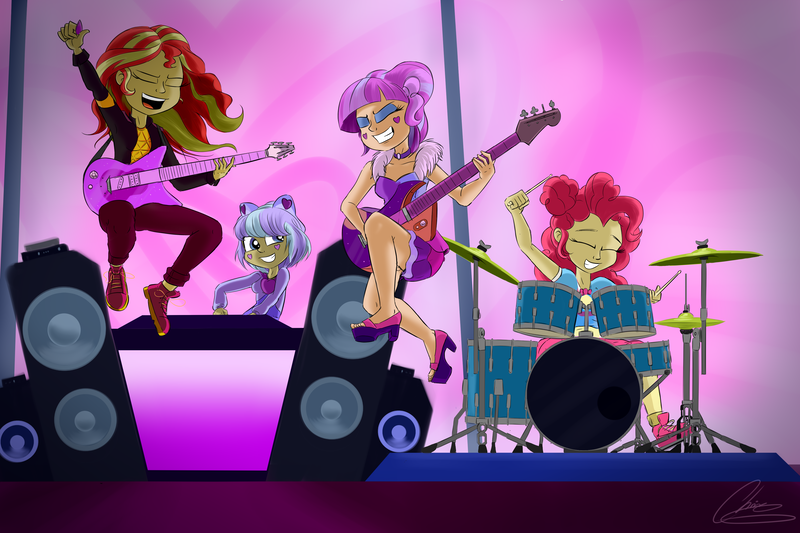 Size: 3840x2560 | Tagged: safe, artist:oinktweetstudios, derpibooru import, kiwi lollipop, pinkie pie, sunset shimmer, supernova zap, equestria girls, equestria girls series, sunset's backstage pass!, spoiler:eqg series (season 2), clothes, concert, cymbals, dress, drum kit, drums, drumsticks, female, grin, guitar, hi-hat, human coloration, jacket, k-lo, leather jacket, legs, musical instrument, open mouth, pants, postcrush, shoes, smiling, sneakers, speakers, stage, su-z, true original (song)